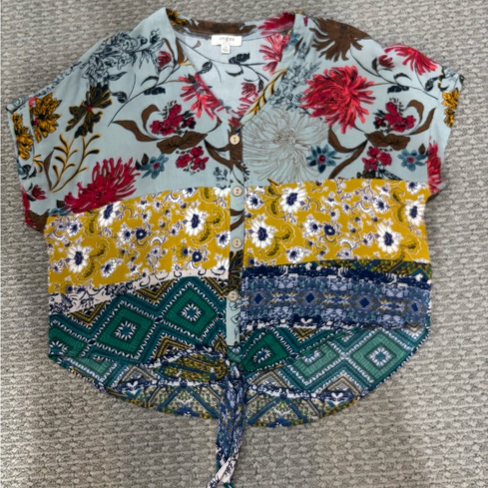 Umgee Multicolor Patchwork Floral Blouse With Tie - image 1